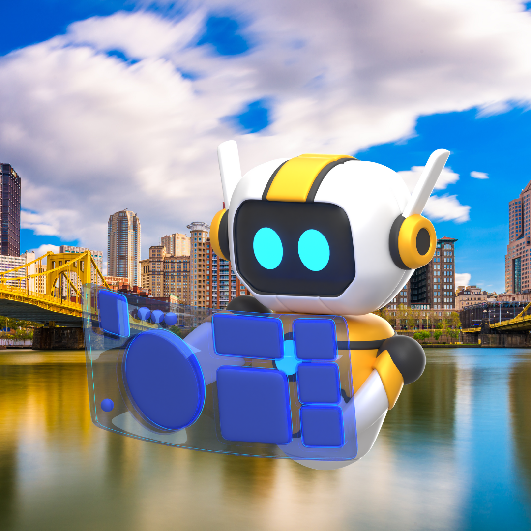 AI robot automation 3d model in front of pittsburgh skyline 